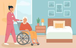 Residential care facility. A nurse with old woman on wheelchair. A bedroom in nursing home or retirement home. Scene of disabled elderly person with social worker at home. Concept of assisted living. vector