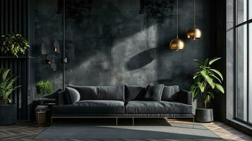 AI generated Black living room interior design with sofa minimal aesthetic 3d rendered photo