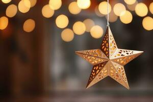 AI generated Selective focus shot of star ornament hanging on christmas tree photo