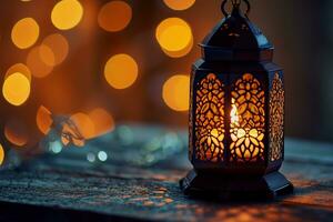 AI generated Ornamental Arabic lanterns. Glittering golden bokeh lights on the table photo