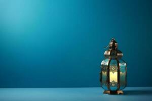 AI generated Arabic lantern glowing on blue background holy month Ramadan Kareem photo