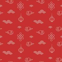Chinese red seamless pattern for new lunar year or mid autumn festival. Paper lanterns, clouds and waves outlined in flat style. Asian festive icons on bright background. Vector illustration.