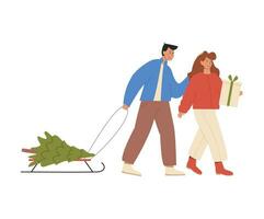 Isolated modern young couple carries a Christmas tree on sled and presents home. Merry guy and girl with fir tree doing traditional Xmas celebration shopping. Holiday preparation. Vector illustration.