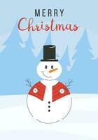 Winter holidays or Christmas greeting card or postcard with dressed snowman with hat and carrot and snowflakes. Xmas winter holiday scene. Vector illustration.