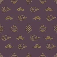Chinese seamless patterns. Dark asian background with golden elements. China traditional ornament with clouds, paper lanterns. Celebration wrapping, textile for mid autumn festival or new year holiday vector