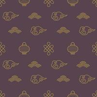 chino sin costura patrones. oscuro asiático antecedentes con dorado elementos. China tradicional ornamento con nubes, papel linternas celebracion envase, textil para medio otoño festival o nuevo año fiesta vector