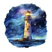 AI generated Lighthouse beside the sea at Night. watercolor for T-shirt design. AI Generated photo