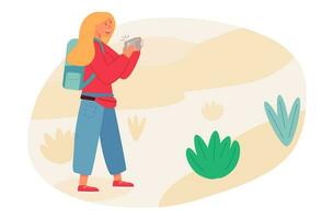 An young tourist woman with backpack hiking outdoors and taking picture of landscape. Dressing in colorful trekking clothes. Flat vector illustration.