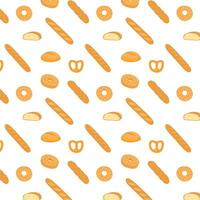 Elegant seamless pattern with different types of bread and delicious baked products on white background. Backdrop with homemade pastry. Baguette, donut, bagel. Vector illustration for textile print.