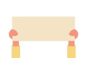 Hands holding empty banner with place for text vector flat illustration. Demonstrating placard. Board for advertisement