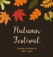 Autumn Festival invitation poster flat vector templates. Botanical banner layouts. Leaves, chestnut and branches with place for text. Fall season event dark background designs.