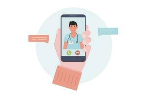 The concept of online doctor consultation via smartphone. A hand holding phone. Chat or call with therapist . Mobile application. Health care app for mobile. Flat vector cartoon illustration. c