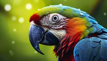 ai generado tropical guacamayo encaramado, vibrante plumas en enfocar. generativo ai foto