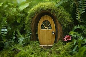 AI generated Little magic wooden fairy doors and plants leave on a mossy natural green background. AI Generated photo