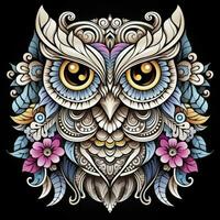 AI generated Multicolored mandala owl coloring page for adults. AI Generated photo