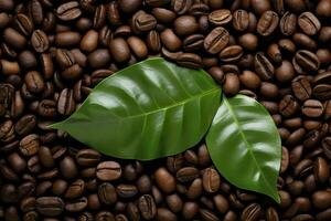 AI generated Green leaves with coffee beans as background. AI Generated photo