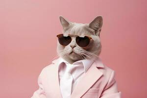 ai generado un gato es vistiendo Gafas de sol y traje en rosado antecedentes. ai generado foto