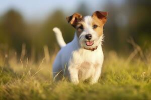 ai generado contento Jack Russell terrier mascota perro espera, escuchando en el césped. ai generado foto