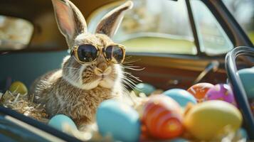 ai generado linda Pascua de Resurrección conejito con Gafas de sol mirando fuera de un coche archivado con Pascua de Resurrección huevos foto
