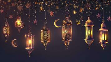 AI generated Arabic traditional Ramadan Kareem eastern lanterns garland. Muslim ornamental hanging golden lanterns, stars and moon vector illustration set. Islamic oriental style garland photo