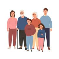 Smiling big caucasian family portrait standing together. Mother and father with their parents. Wife and husband with son and daughter. Grandparents with their grandson and granddaughter. Vector. vector
