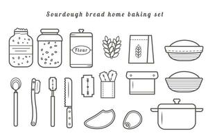 Set of vector doodle outline icons of homemade sourdough bread baking kit. Elements for home baked loaf. Sourdough starter culture in mason jar. Dough scraper, whisk proofing basket knife. Dutch oven.