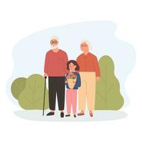 Trendy grandparents with granddaughter in park outdoors. Grandchild holding a flowers bouquet for granny. Concept for National Grandparent Day. Grandpa with walking cane or stick. Vector illustration.