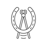 Horseshoe icon and nail pulling tool of blacksmith. Logo, farrier business. Equestrian sport. Vector flat outline. Vintage doodle line art illustration.