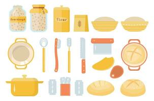 Sourdough bread home baking set of icons. Sourdough starter culture in mason jar. Muslin cloth. Dough scraper. Danish whisk. Proofing basket. Bench knife. Bread Lame. Dutch oven. Vector cartoon flat.