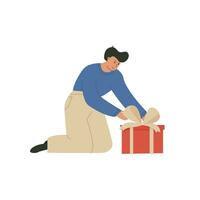 Happy man isolate on white preparing for holiday celebration. A guy putting gifts under Christmas tree. Winter holiday celebration. Present giving, Xmas tradition. Vector illustration in flat style.