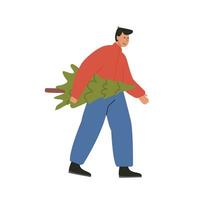 Isolated modern young man carries a Christmas tree to home. Merry guy with fir tree. Traditional Xmas celebration shopping. Festive market. Holiday season preparation concept. Vector flat illustration