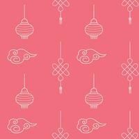 Asian seamless patterns. Bright cawai pink background with elements. China traditional ornament with chinese paper lanterns and know of happiness. Wrapping girlish textile for new lunar year holiday. vector