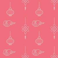 Asian seamless patterns. Bright cawai pink background with elements. China traditional ornament with chinese paper lanterns and know of happiness. Wrapping girlish textile for new lunar year holiday. vector