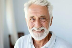 AI generated Portrait of happy retired senior man standing at home near window. Satisfied old man looking at camera and smiling while standing. Positive and confident elderly enjoy his retirement. photo