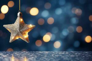 AI generated Blue hanging christmas star on wooden table and blue blurred background. Copy space photo