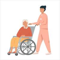 Female nurse with old woman on wheelchair. Grandmother sitting on wheelchair. Retired elderly senior woman disabled. Concept for assisted living or nursing home. Flat vector illustration on white.