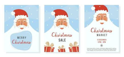 Collection of vector Christmas greeting card with cute Santa Claus. Set of postcard for New Year 2021 eve and Xmas market. Set of winter holidays posters with caption. Vector illustration.