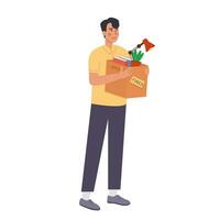 Cartoon vector illustration. Employee fired from work. Loss job. Dismissed man carrying box with his things. Unemployment concept, job reduction. Vector flat illustration isolated on white.