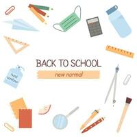 Back to school New normal slogan written on postcard. Set of various stationery elements for study with a space for text. Banner for college university. Flat vector icons on white background.