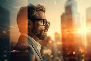 AI generated Double exposure of businessman and city. photo