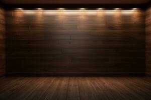 AI generated 3d rendered empty wooden room with lights and copy space photo