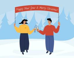 Lovers having a champagne and clink glasses. A couple celebrate Christmas together. Happy men and women on New Year eve party holding banner with capture. Vector illustration. Holiday greeting card.