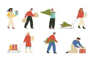 Bundle of people preparing for and celebrating winter holidays. Men and women carrying Christmas tree, walking with presents, receiving gifts, doing shopping . Vector illustration isolated on white.