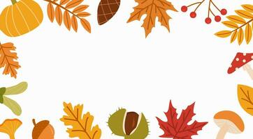 Fall season flat vector background. Autumn botanical colorful banner template with place for text. Dried leaves, wild mushroom decorative backdrop. Natural forest leafage illustration. Illustration.