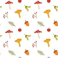 Fall flat vector seamless pattern. Autumn decorative background. Forest leaves and mushrooms texture. Fall season foliage and berries wrapping paper, textile, wallpaper design. Vector illustration.