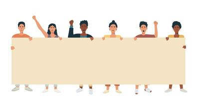 A group of people mix race multicultural holding big banner and protesting. Protesters with blank placard for text announcement or ad. Vector flat illustration.