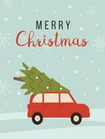 Merry christmas and happy new year time cartoon illustration. Vintage greeting card with red car and xmas tree and caption on background with snowflakes. Postcard for winter holidays. Vector. vector