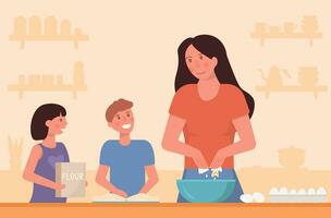 A concept of mother cooking with kids. Home education. Children helping on kitchen baking, preparing a meal together with son and daughter during quarantine. Flat vector cartoon illustration.