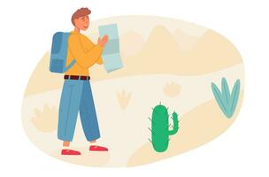 Concept of backpacker walking hiking on nature. A joyful man holding a map. Outdoor activity. Trekking in mountains. Flat vector illustration