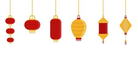 Icon set of Chinese paper street lanterns of different types and sizes outlined in flat style. Bundle of traditional asian festival decorations isolated on white background. Vector illustration